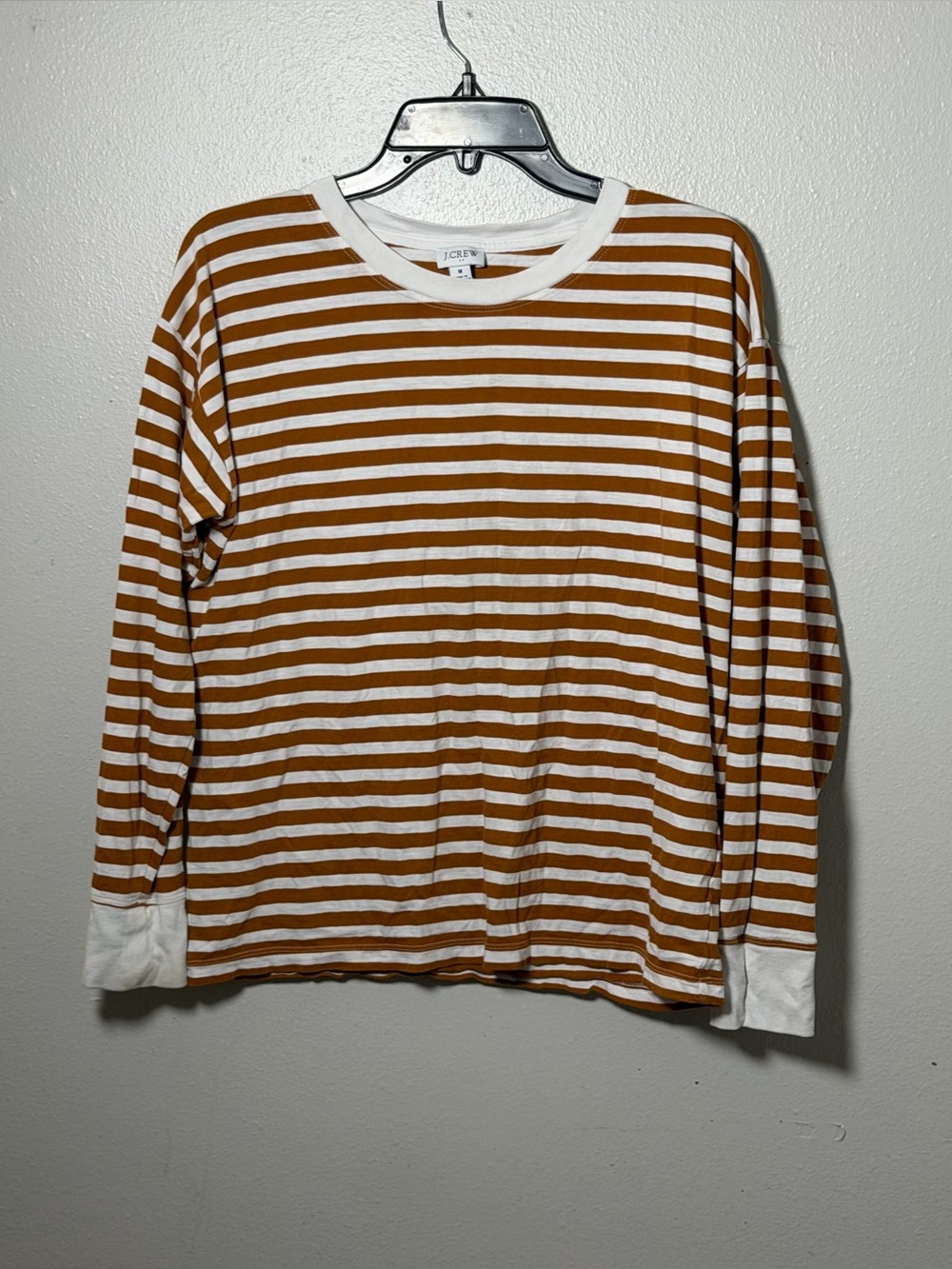 J. Crew Women Long-Sleeve Striped Crewneck Shirt White/Brown Casual size M